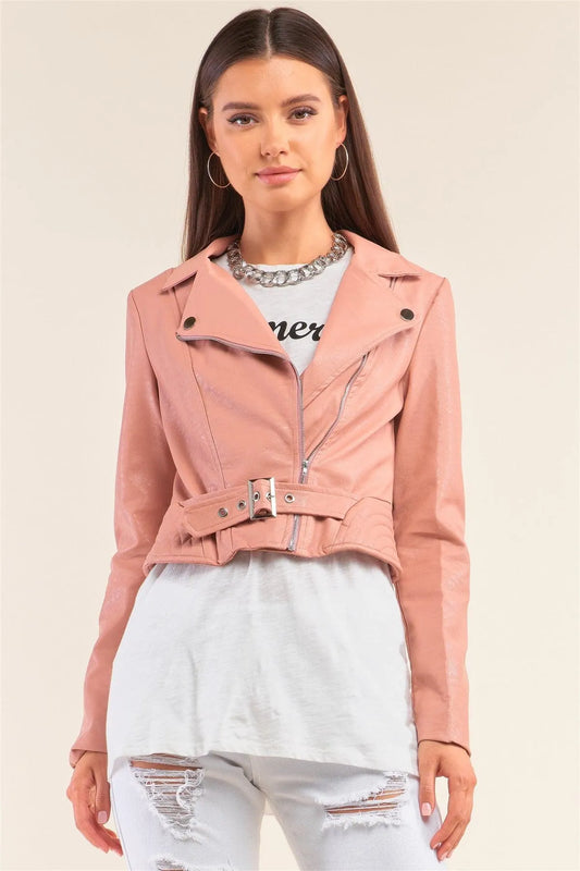 Mauve Oblique Zipper Cropped Vegan Leather Jacket /2-2-2 - Tasha Apparel Wholesale