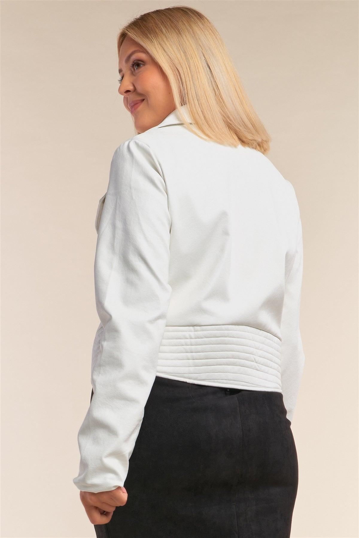 Junior Plus Size White Oblique Zipper Cropped Vegan Leather Jacket /2-2-2