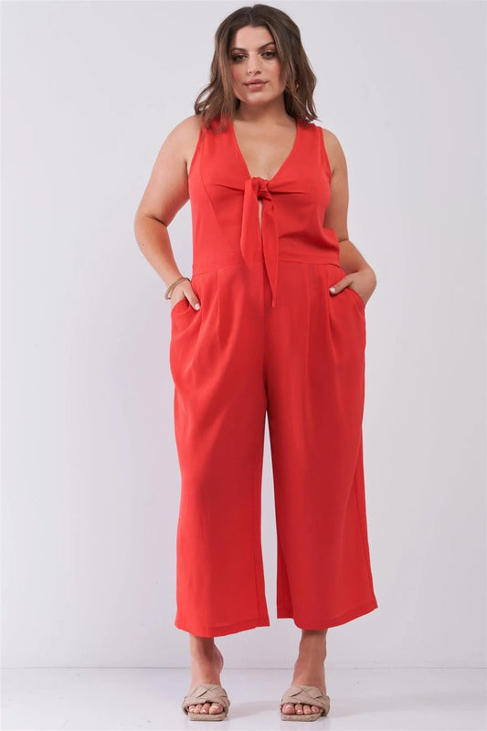 Junior Plus Size Coral Sleeveless V-Neck Self-Tie Front Detail Wide Leg Jumpsuit - Tasha Apparel Wholesale