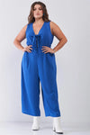 Junior Plus Size Sapphire Blue Sleeveless V-Neck Self-Tie Front Detail Wide Leg Jumpsuit /2-2-2 - Tasha Apparel Wholesale