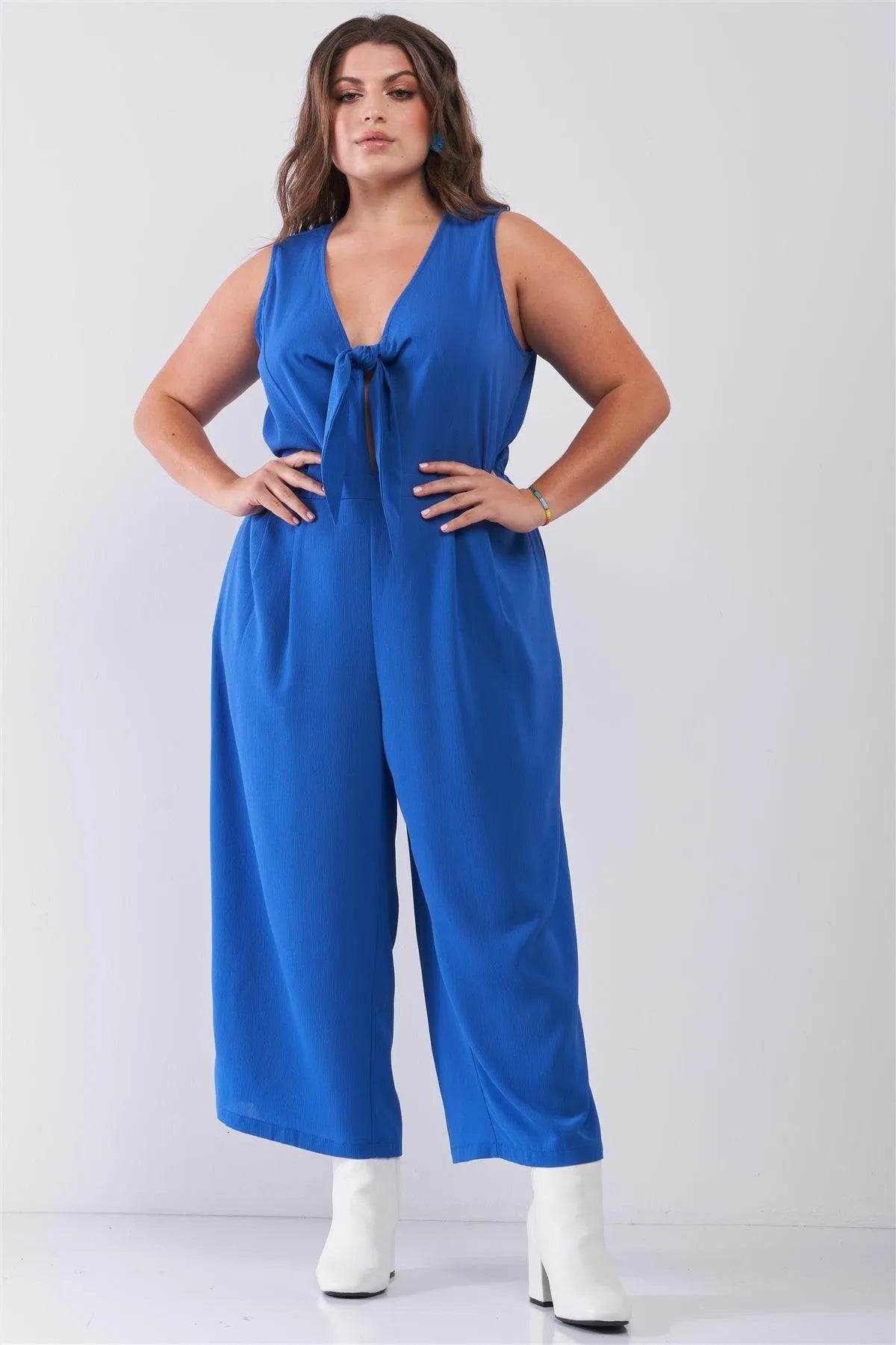 Junior Plus Size Sapphire Blue Sleeveless V-Neck Self-Tie Front Detail Wide Leg Jumpsuit /2-2-2 - Tasha Apparel Wholesale