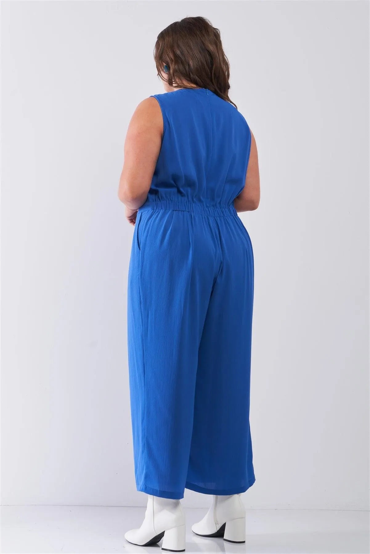 Junior Plus Size Sapphire Blue Sleeveless V-Neck Self-Tie Front Detail Wide Leg Jumpsuit /2-2-2 - Tasha Apparel Wholesale