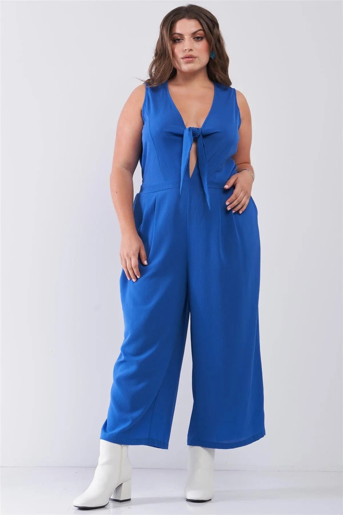 Junior Plus Size Sapphire Blue Sleeveless V-Neck Self-Tie Front Detail Wide Leg Jumpsuit /2-2-2 - Tasha Apparel Wholesale