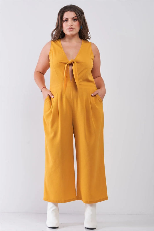 Junior Plus Size Yellow Sleeveless V-Neck Self-Tie Front Detail Wide Leg Jumpsuit /2-2-2 - Tasha Apparel Wholesale