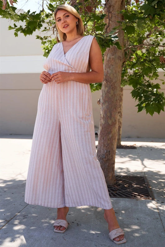 Junior Plus Size Beige Stripe Surplice Neck Overall Jumpsuit /2-2-2 - Tasha Apparel Wholesale