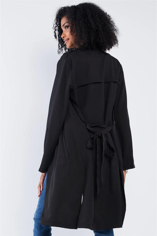 Black Classy Open Front Self-Tie Relaxed Fit Long Sleeve Lightweight Midi Trench Coat Jacket /2-2-2 - Tasha Apparel Wholesale