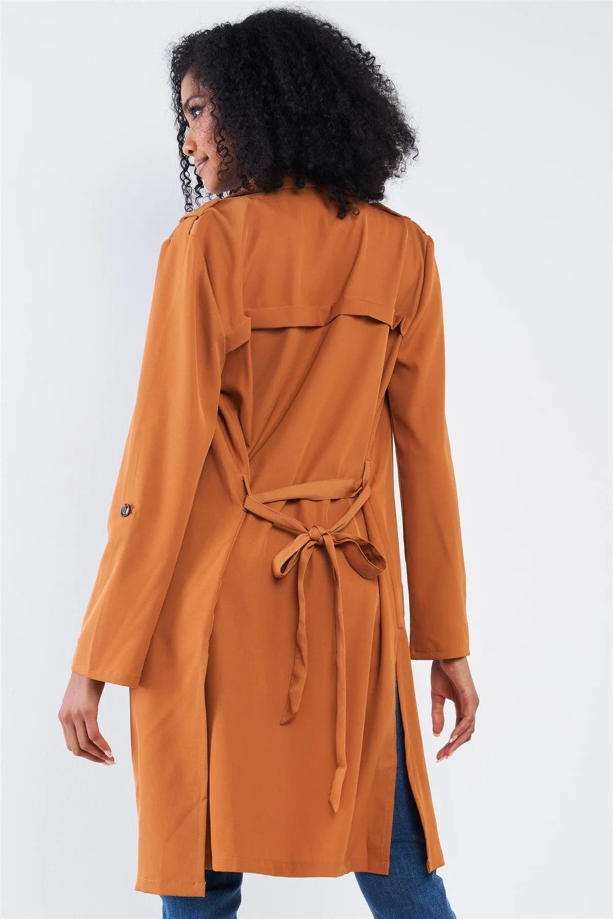 Brown Classy Open Front Self-Tie Relaxed Fit Long Sleeve Lightweight Midi Trench Coat Jacket /2-2-2 - Tasha Apparel Wholesale