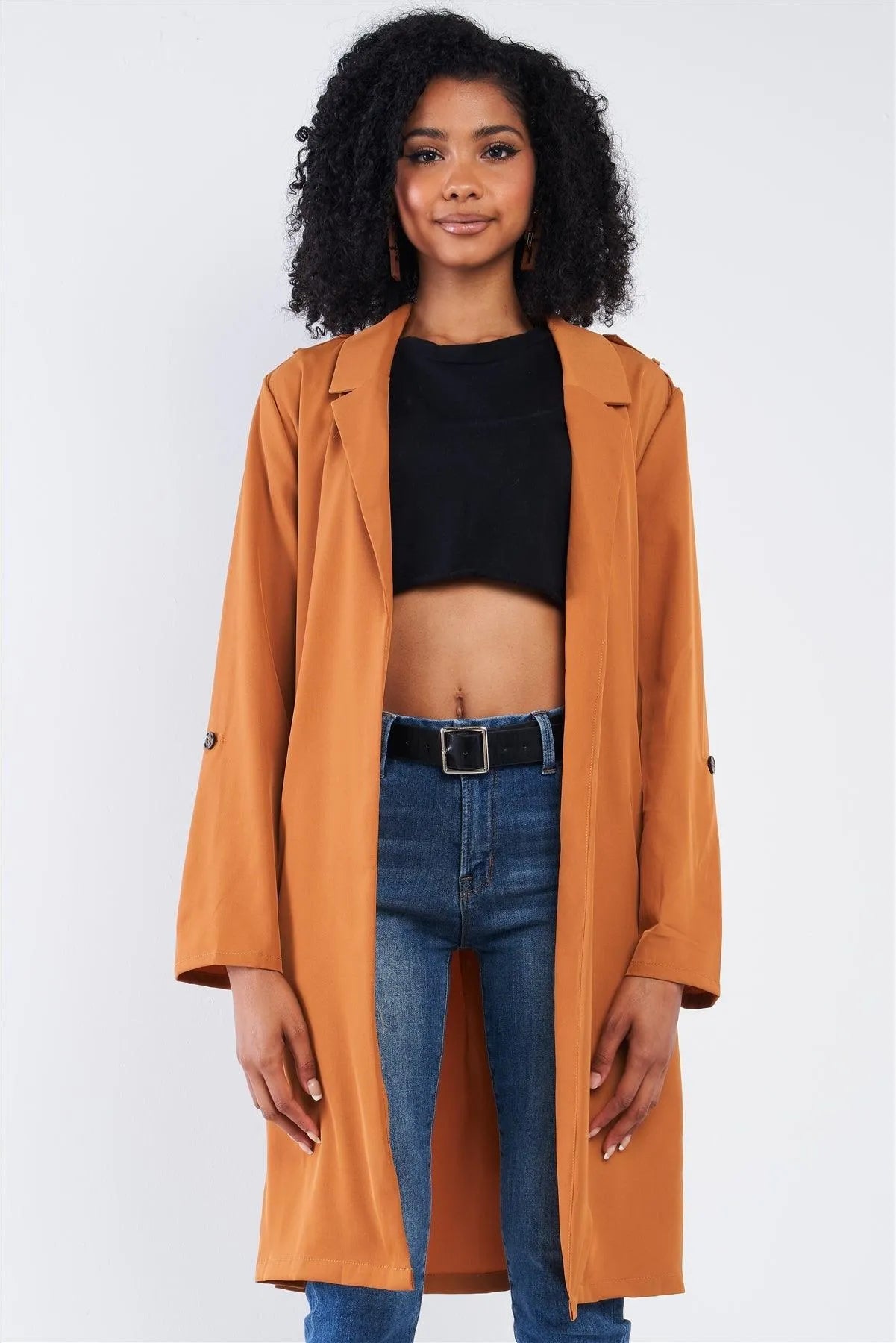 Brown Classy Open Front Self-Tie Relaxed Fit Long Sleeve Lightweight Midi Trench Coat Jacket /2-2-2 - Tasha Apparel Wholesale