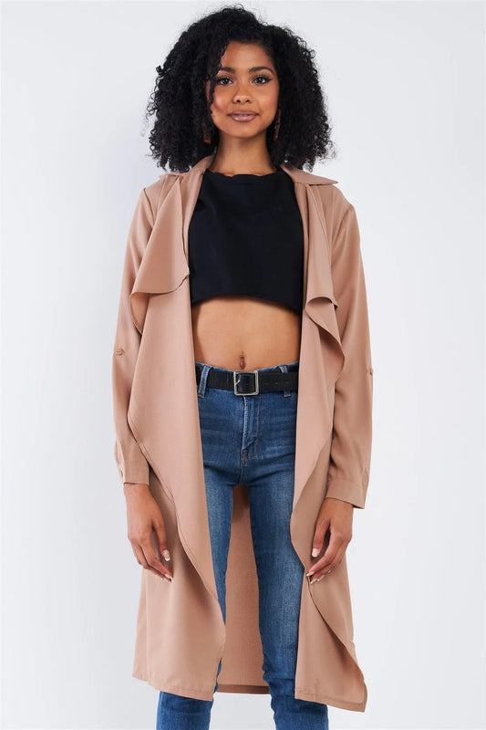 Beige Open Front Self-Tie Long Sleeve Relaxed Fit Lightweight Midi Trench Coat Jacket /2-2-2 - Tasha Apparel Wholesale