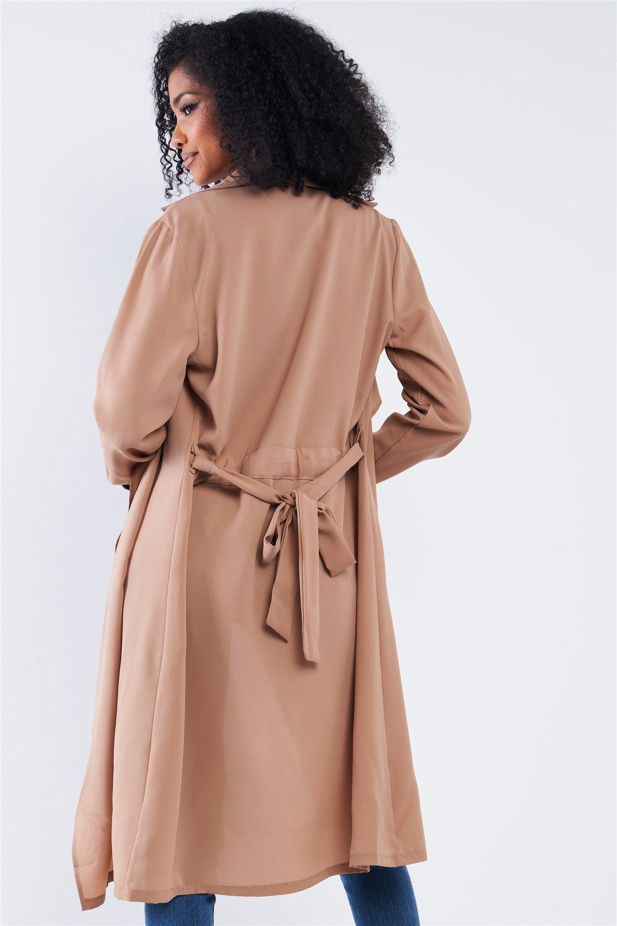Beige Open Front Self-Tie Long Sleeve Relaxed Fit Lightweight Midi Trench Coat Jacket /2-2-2