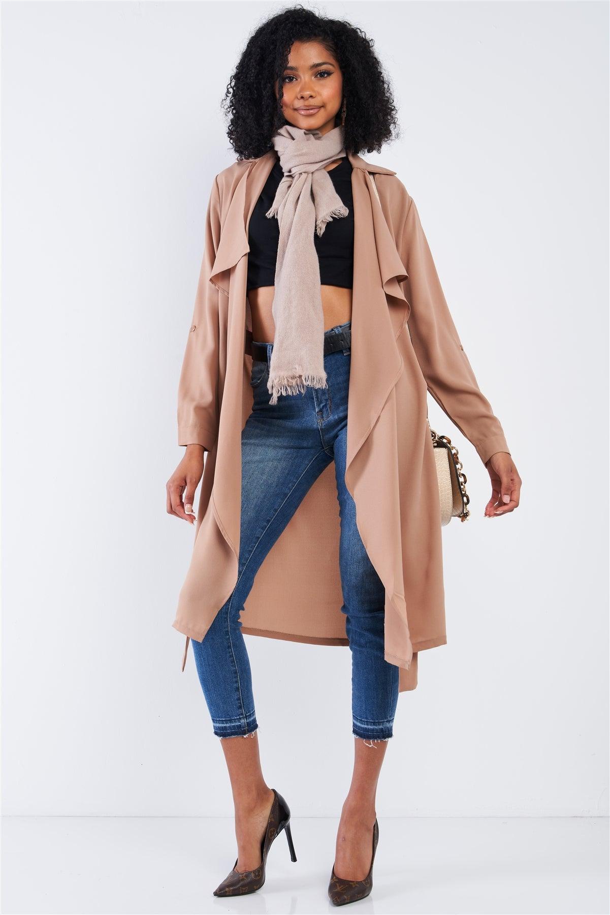 Beige Open Front Self-Tie Long Sleeve Relaxed Fit Lightweight Midi Trench Coat Jacket /2-2-2