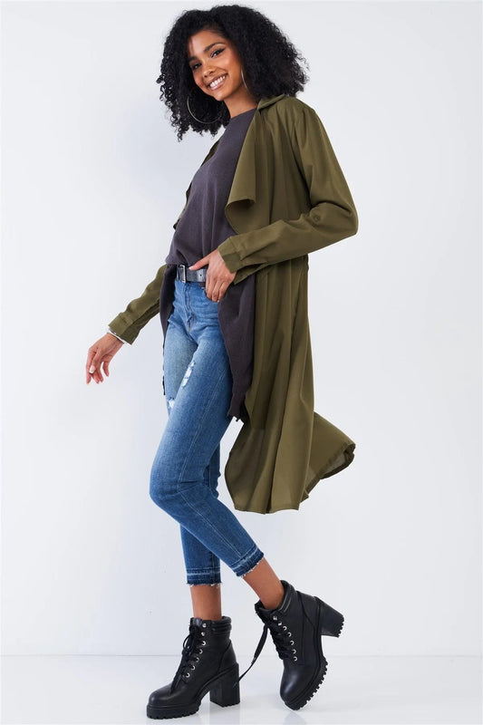 Olive Green Open Front Self-Tie Long Sleeve Relaxed Fit Lightweight Midi Trench Coat Jacket /2-2-2 - Tasha Apparel Wholesale
