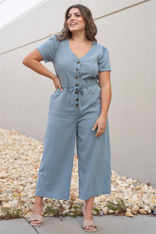 Junior Plus Natural Blue Short Sleeve V-Neck Front Button Down Self-Tie Waist Ankle Length Jumpsuit /2-2-2 - Tasha Apparel Wholesale