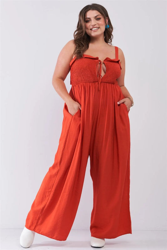 Junior Plus Red Sleeveless Smocked Self-Tie Neckline High-Waisted Very Wide Leg Jumpsuit /2-2 - Tasha Apparel Wholesale