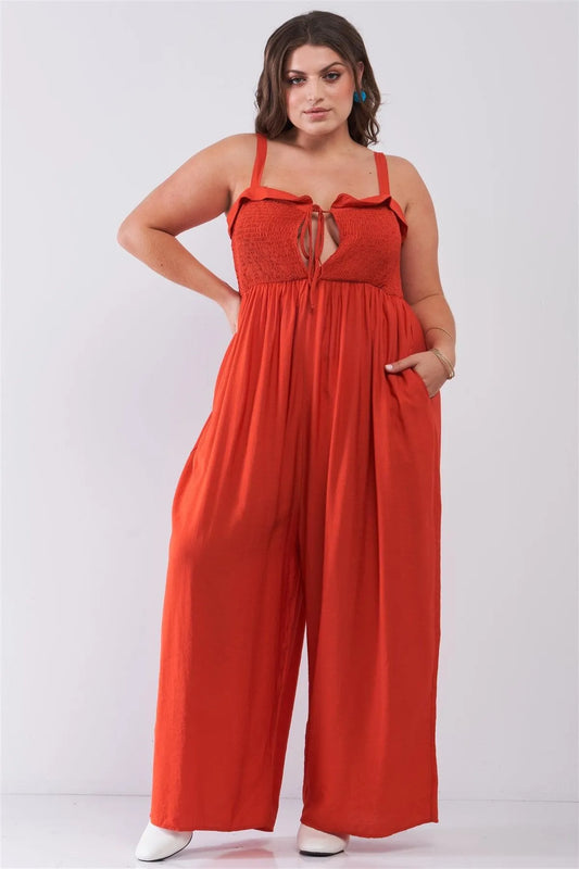 Junior Plus Red Sleeveless Smocked Self-Tie Neckline High-Waisted Very Wide Leg Jumpsuit /2-2-2 - Tasha Apparel Wholesale