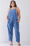 Junior Plus Size Carolina Blue Sleeveless Crepe Apron Style Neckline Pocket Detail Wide Leg Jumpsuit /2-2-2 - Tasha Apparel Wholesale