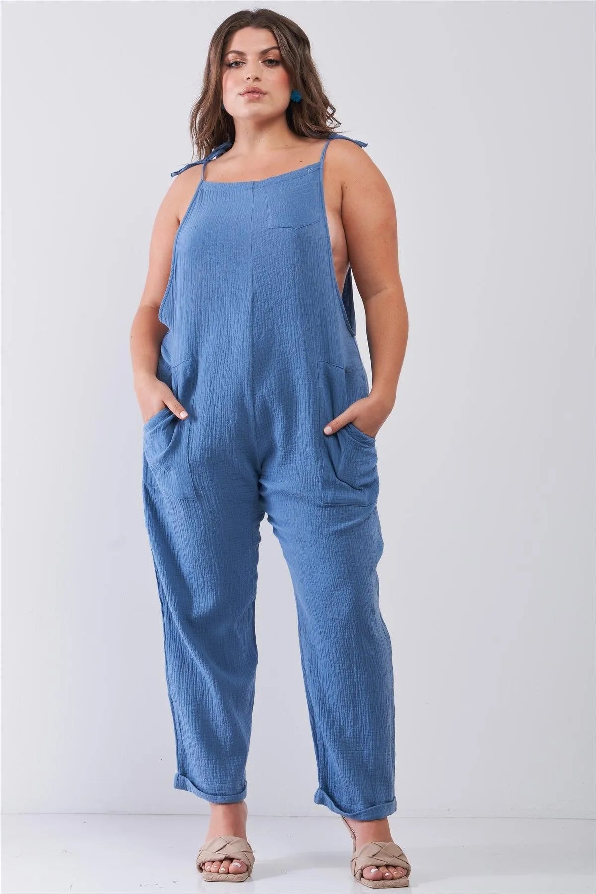 Junior Plus Size Carolina Blue Sleeveless Crepe Apron Style Neckline Pocket Detail Wide Leg Jumpsuit /2-2-2 - Tasha Apparel Wholesale