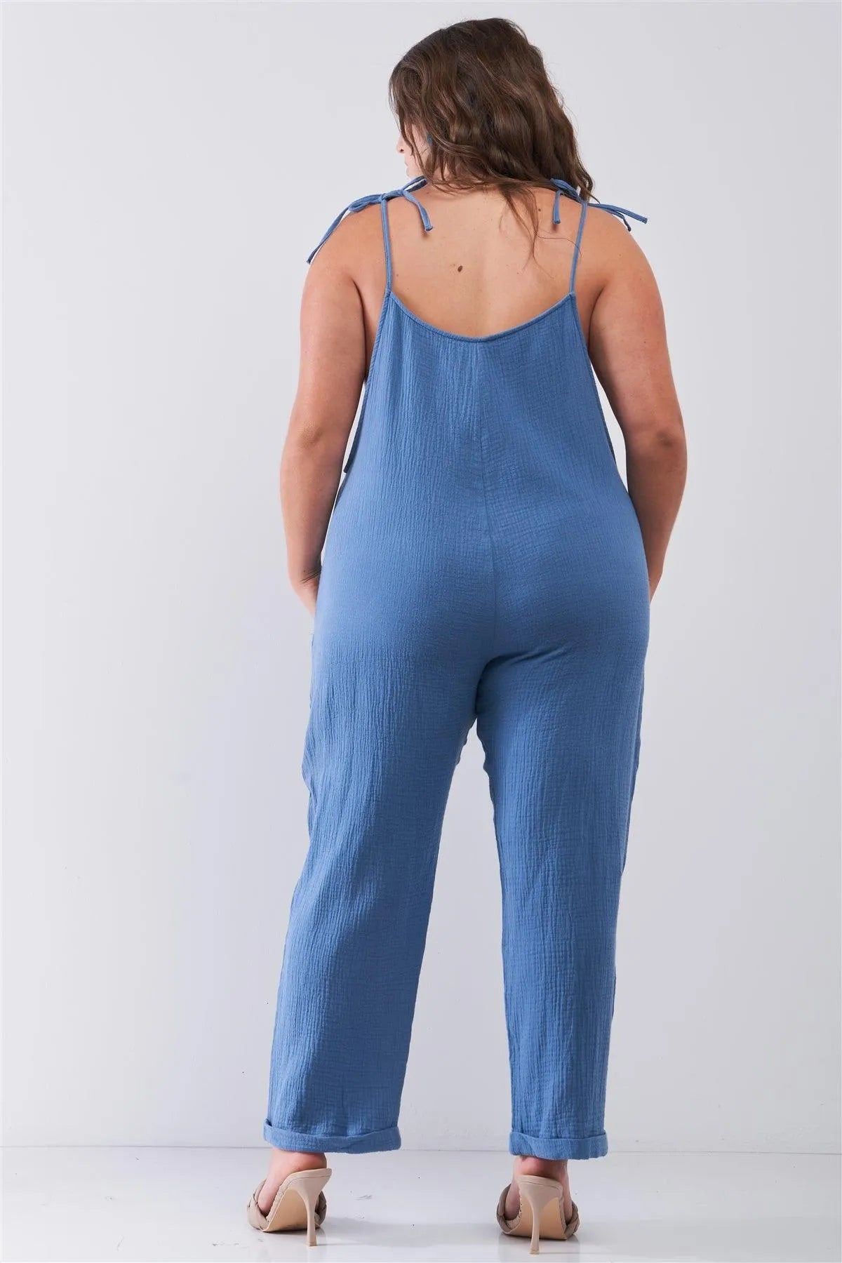 Junior Plus Size Carolina Blue Sleeveless Crepe Apron Style Neckline Pocket Detail Wide Leg Jumpsuit /2-2-2 - Tasha Apparel Wholesale