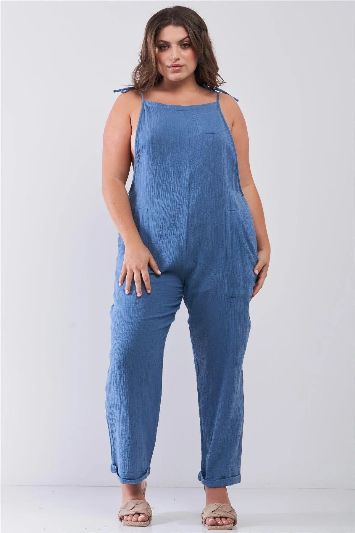 Junior Plus Size Carolina Blue Sleeveless Crepe Apron Style Neckline Pocket Detail Wide Leg Jumpsuit /2-2-2 - Tasha Apparel Wholesale