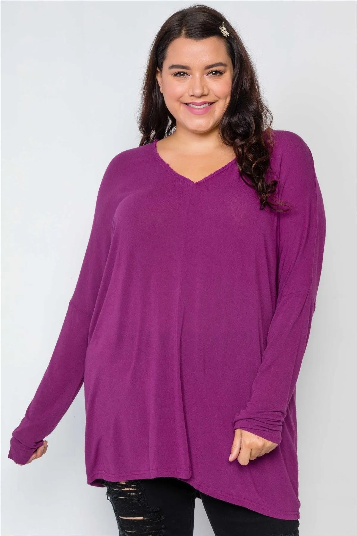 Plus Size Magenta Oversized Long Sleeve Tunic Top - Tasha Apparel Wholesale
