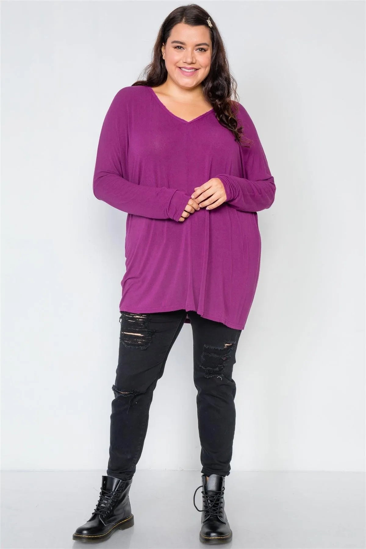 Plus Size Magenta Oversized Long Sleeve Tunic Top - Tasha Apparel Wholesale