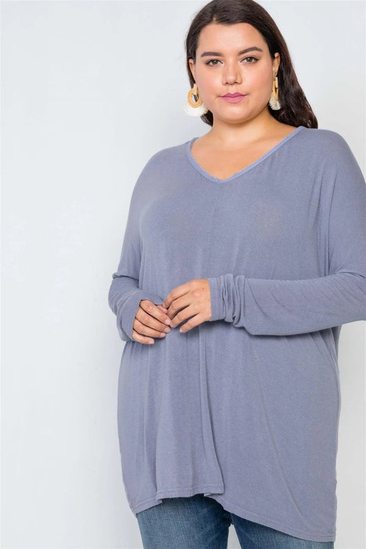 Junior Plus Size Slate Grey Basic Oversized Long Sleeve Top / 2-2-2 - Tasha Apparel Wholesale