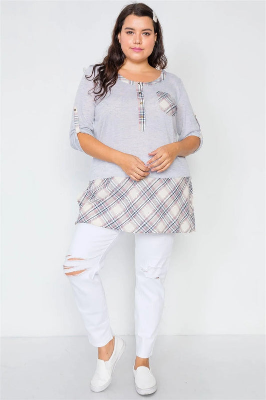 Plus Size Heather Grey Plaid Combo Plus Size Top /3-3 - Tasha Apparel Wholesale