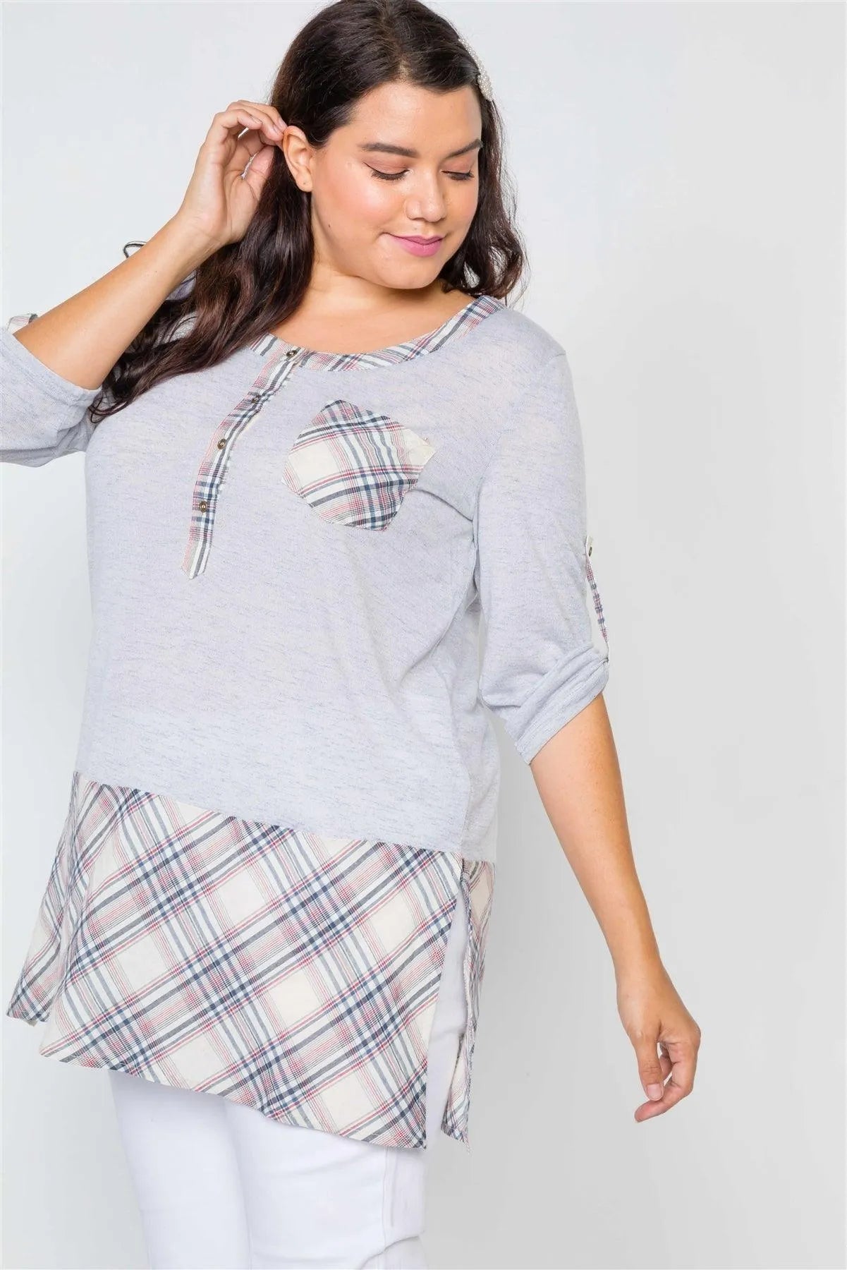 Plus Size Heather Grey Plaid Combo Plus Size Top /3-3 - Tasha Apparel Wholesale