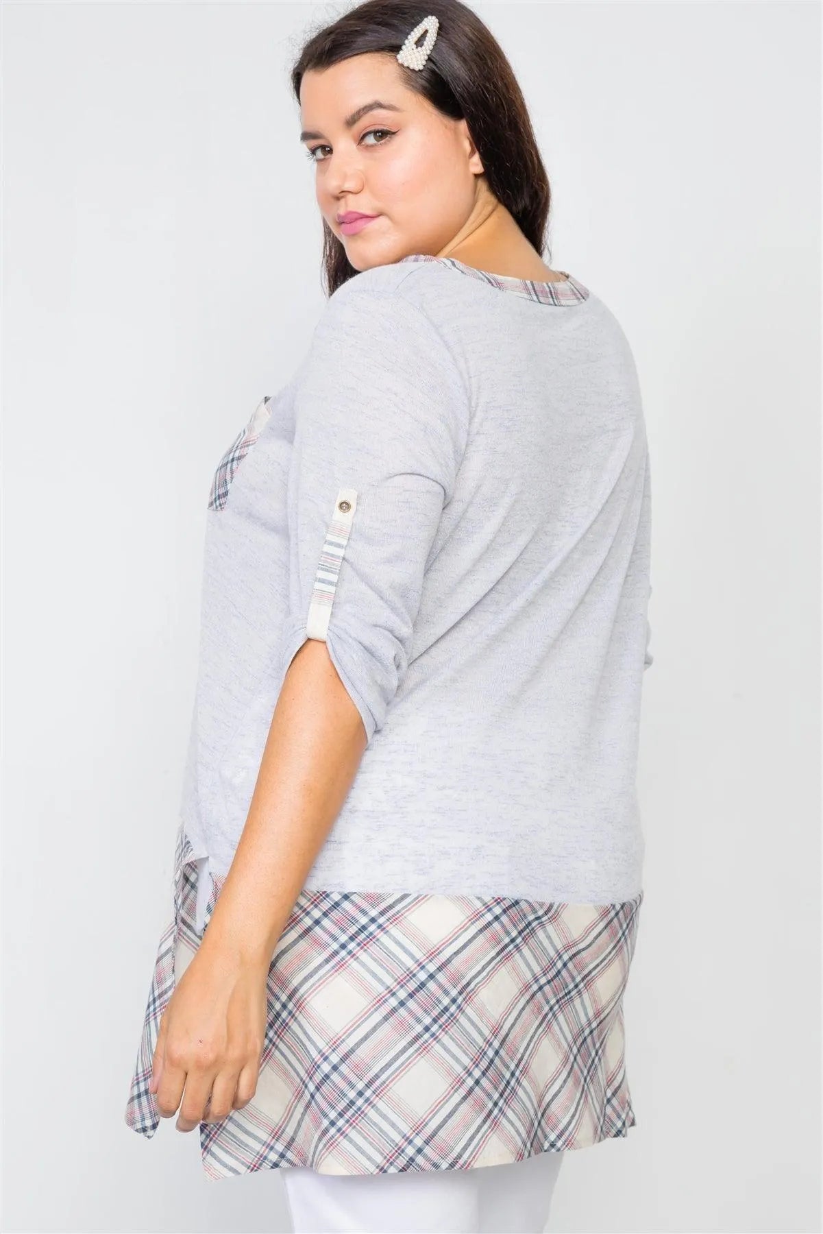 Plus Size Heather Grey Plaid Combo Plus Size Top /3-3 - Tasha Apparel Wholesale