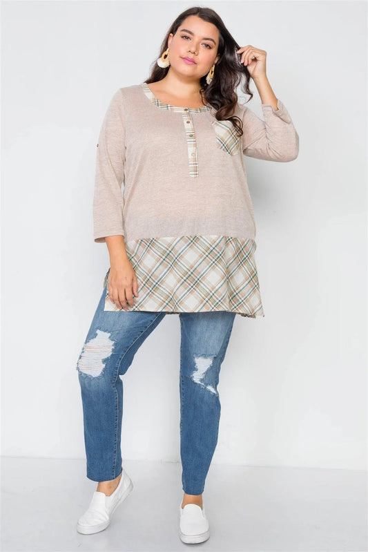 Plus Size Taupe Plaid Combo Plus Size Top /3-3 - Tasha Apparel Wholesale