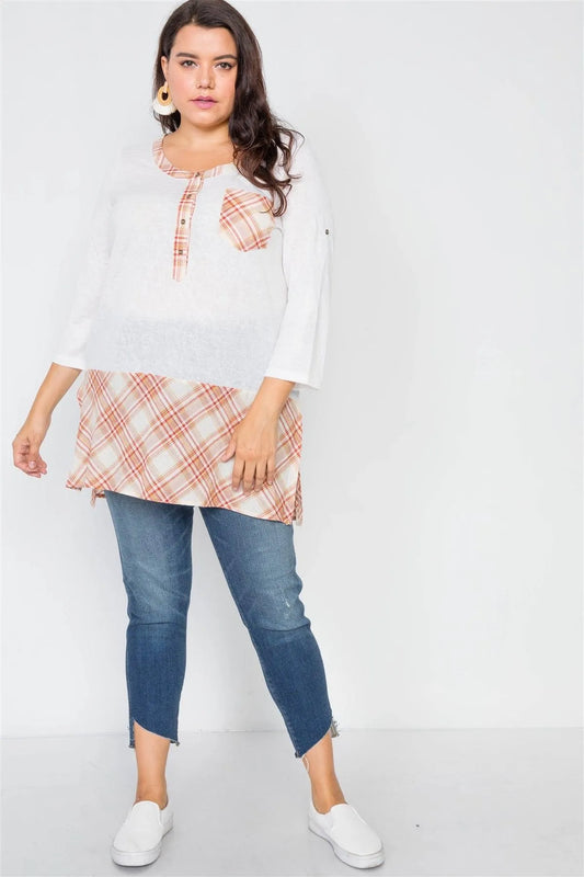 Junior Plus Size White Plaid Combo Junior Plus Size Top / 3-3 - Tasha Apparel Wholesale
