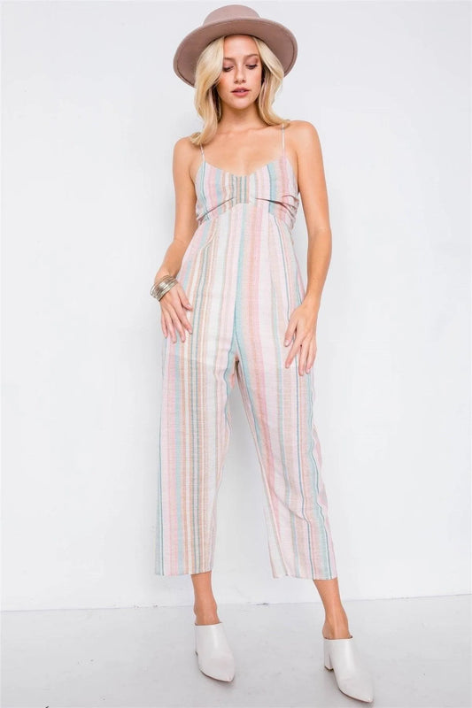 Multi Stripe Ribbon Shaped Front Smocking Back Jumpsuit - Tasha Apparel Wholesale