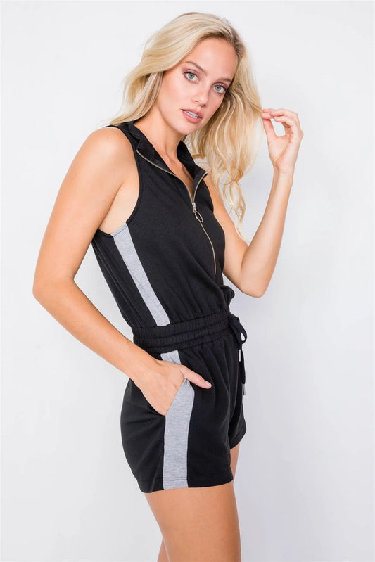 Black Zip-Up Sleeveless Athletic Grey Trim Short Romper /3-2-1 - Tasha Apparel Wholesale