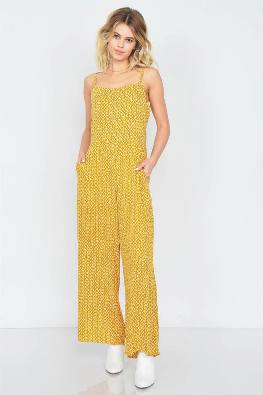 Yellow & White Geometric Print Causal Wide Leg Back Cut Out Jumpsuit /2-2-2 - Tasha Apparel Wholesale