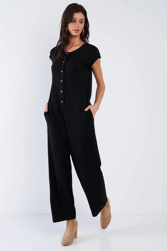 Black Button Up Jumpsuit / 2-2-2 - Tasha Apparel Wholesale