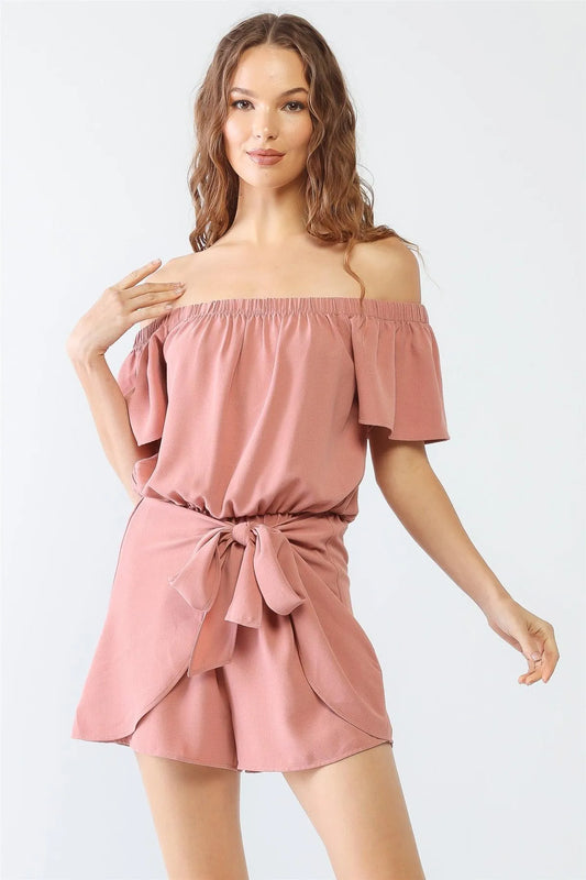 Dusty Peach Off-The-Shoulder Short Sleeve Front Bow Romper /3-1 - Tasha Apparel Wholesale