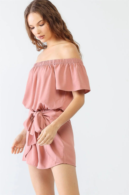 Dusty Peach Off-The-Shoulder Short Sleeve Front Bow Romper /2-2-2 - Tasha Apparel Wholesale