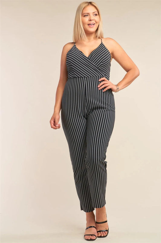 Junior Plus Size Black & White Striped Wrap Sleeveless Criss-Cross Strap Deep Plunge V-Neck Jumpsuit /2-2-2 - Tasha Apparel Wholesale