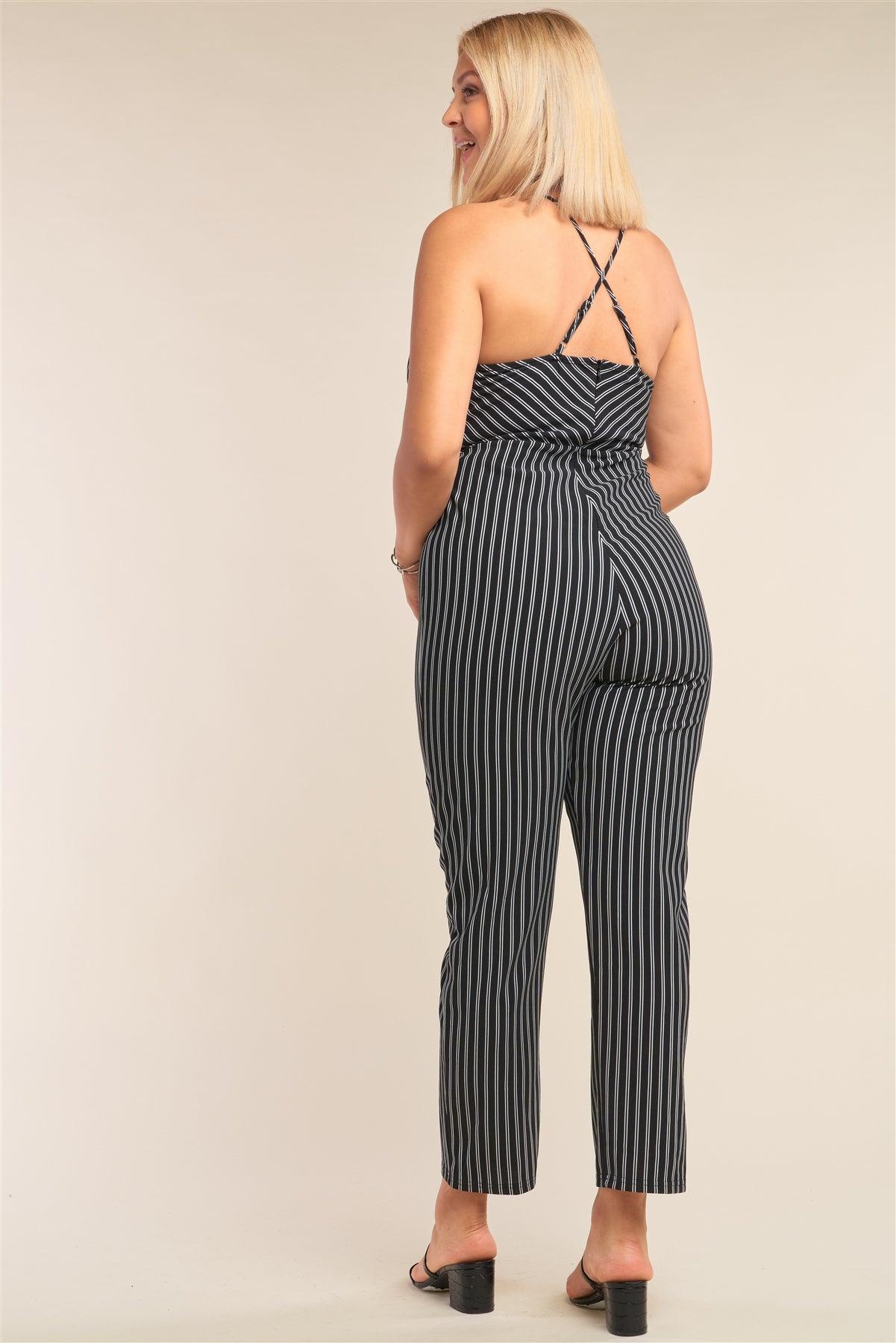 Junior Plus Size Black & White Striped Wrap Sleeveless Criss-Cross Strap Deep Plunge V-Neck Jumpsuit /2-2-2