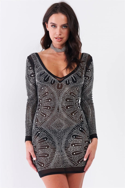 Black Rhinestone Studded Sheer Mesh Deep V-Neck Long Sleeve Bodycon Dress /1-1-1-1 - Tasha Apparel Wholesale