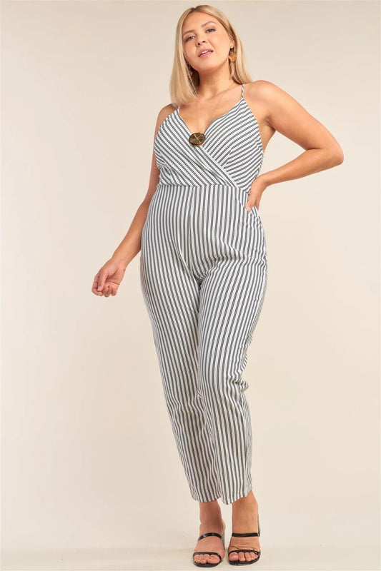 Plus Size Striped Wrap Criss-Cross Strap Deep Plunge V-Neck Jumpsuit /2-2-2 - Tasha Apparel Wholesale