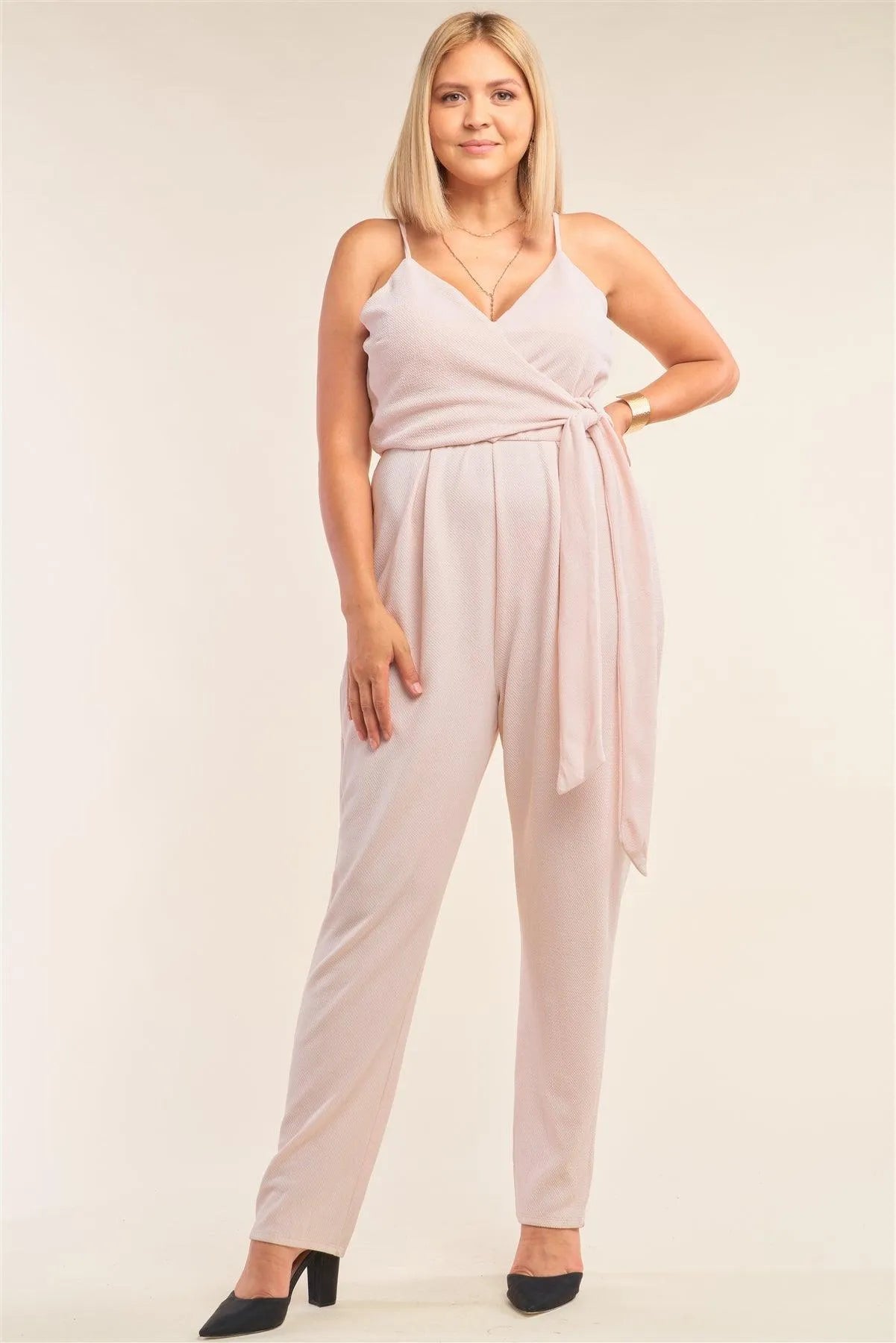 Junior Plus Size Stone Blush Pink Sleeveless Self-Tie Wrap Detail Deep Plunge V-Neck Jumpsuit /2-2-2 - Tasha Apparel Wholesale