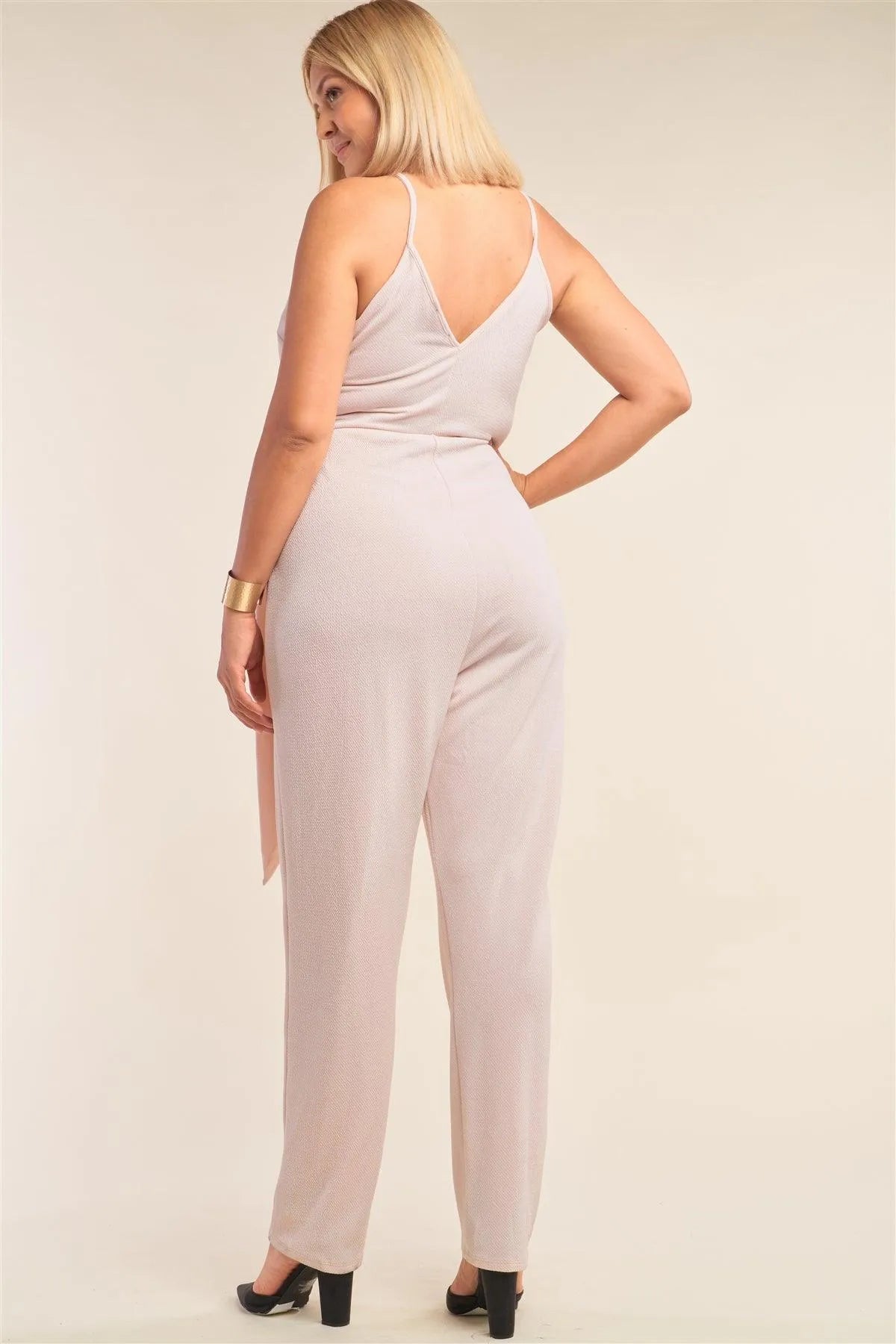 Junior Plus Size Stone Blush Pink Sleeveless Self-Tie Wrap Detail Deep Plunge V-Neck Jumpsuit /2-2-2 - Tasha Apparel Wholesale