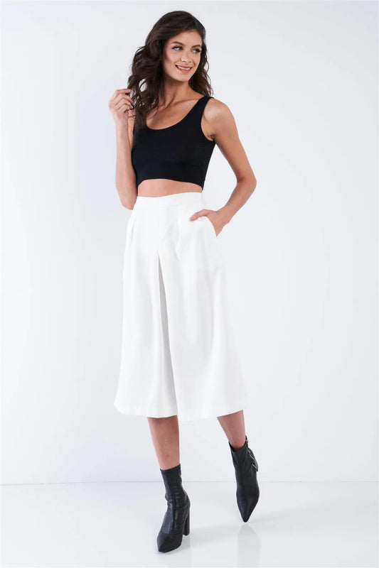 Off-White High Waisted Front Center Pleated Wide Leg Gaucho Pants /2-2-2 - Tasha Apparel Wholesale