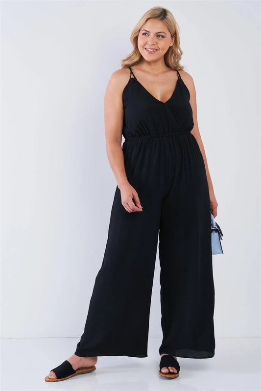 Junior Plus Size Black V-Neck Cami Wide Leg Self-Tie Criss Cross Back Jumpsuit /2-2-2 - Tasha Apparel Wholesale