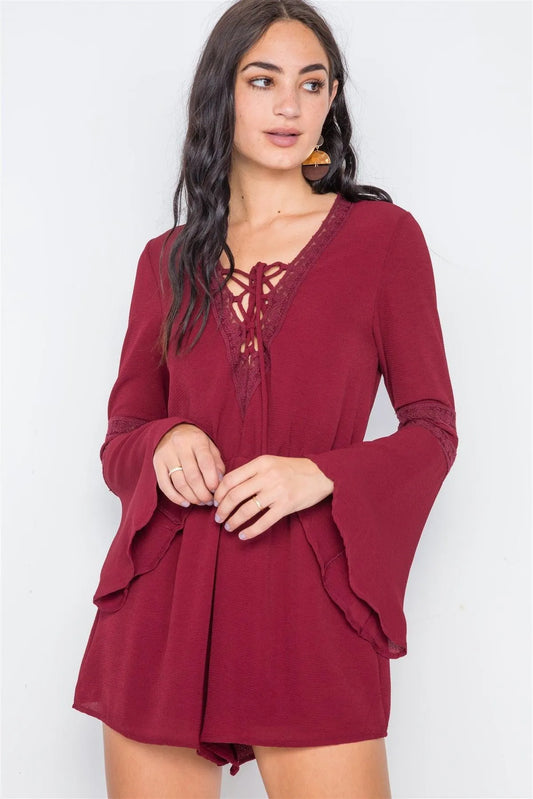 Burgundy Crochet Bell Sleeve Lace-Up Romper /2-2-2 - Tasha Apparel Wholesale