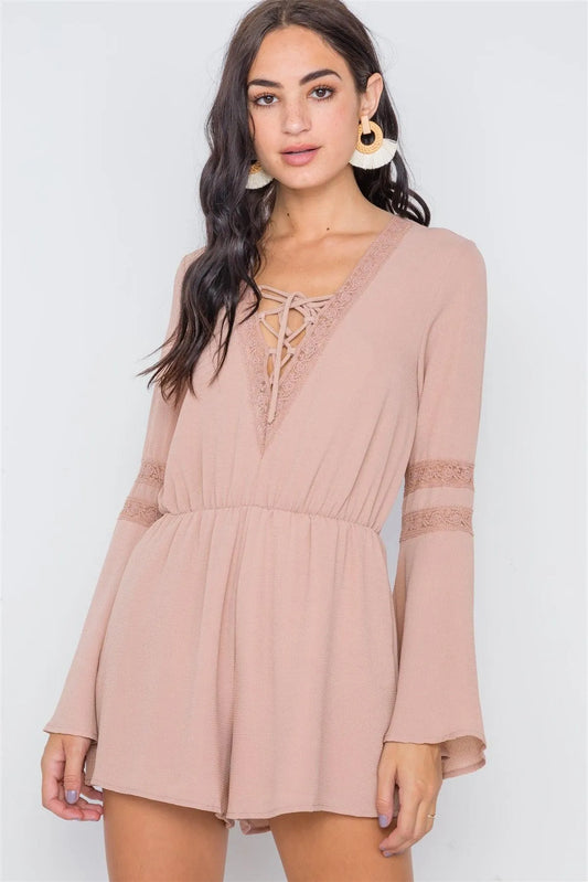 Taupe Crochet Bell Sleeve Lace-Up Romper /2-2-2 - Tasha Apparel Wholesale