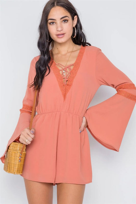 Terra Cota Crochet Bell Sleeve Lace-Up Romper /2-2-2 - Tasha Apparel Wholesale