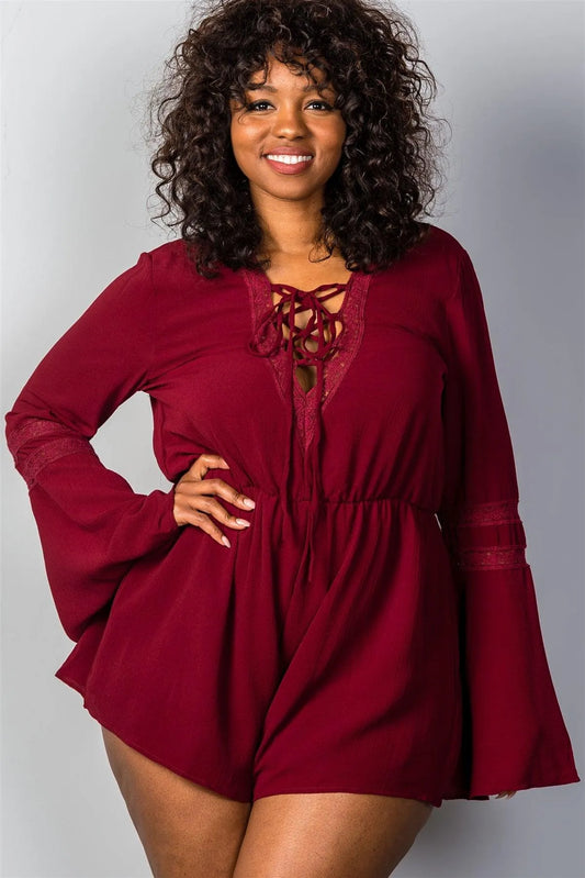 Burgundy Plunging V-Neck Plus Size Romper /2-2-2 - Tasha Apparel Wholesale