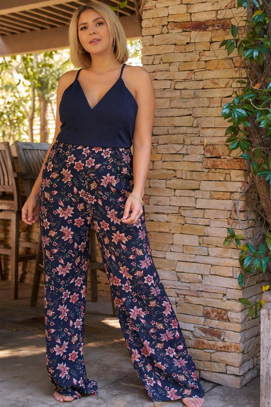 Junior Plus Navy Floral Print Sleeveless V-Neck Lace Back With Zip Wide Leg Jumpsuit /2-2-2 - Tasha Apparel Wholesale